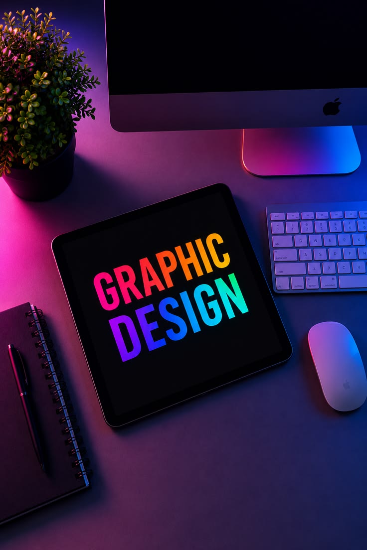 Tablet displaying Graphic Design on a creative desk setup
