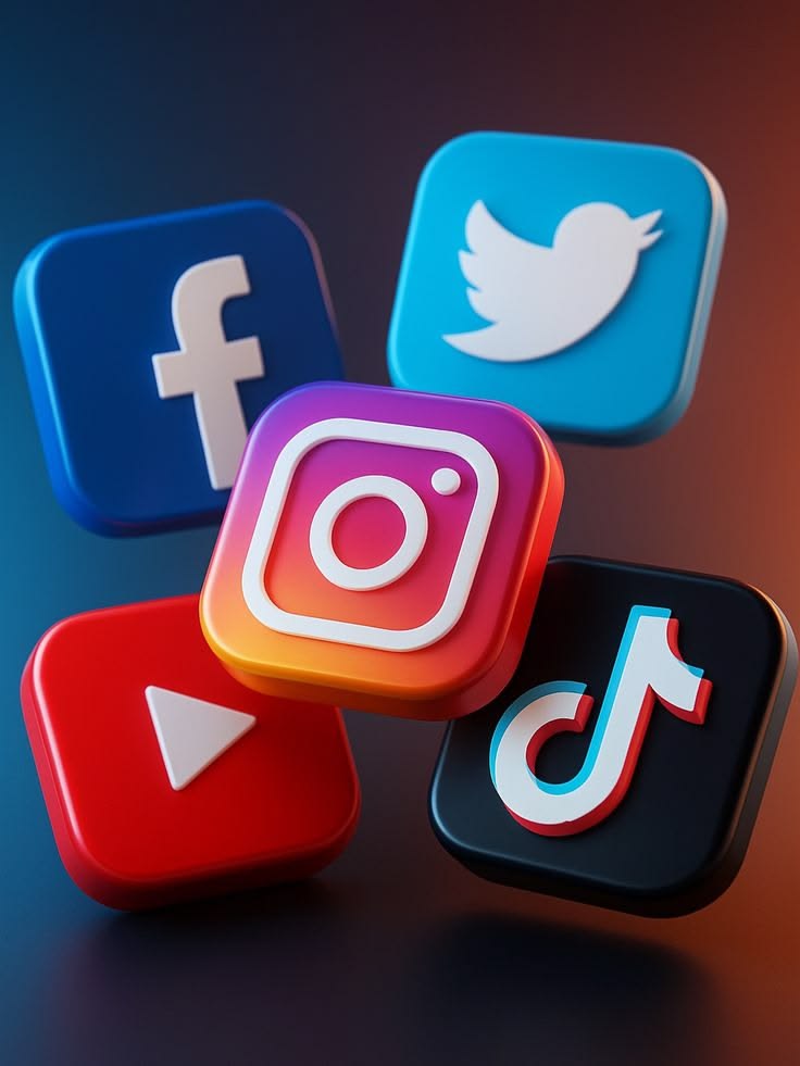 3D icons of Facebook, Instagram, X, YouTube, and TikTok